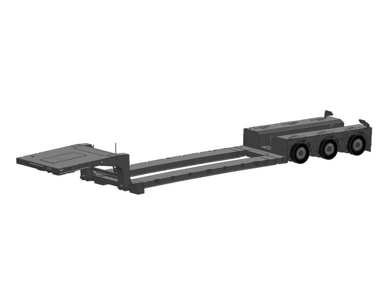 Technical side view rendering of a black extendable low-bed trailer with three rear axles for heavy transport.