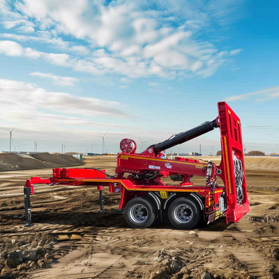 oter Jeep Dolly von DOLL auf einer Baustelle für Windkraftanlagen mit Windrädern und Kran im Hintergrund.
