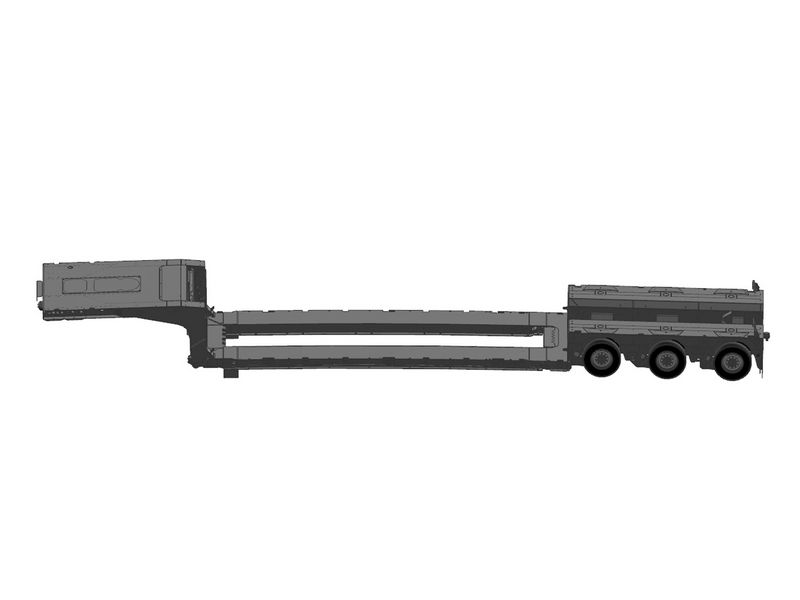 Technical side view rendering of a black extendable low-bed trailer with three rear axles for heavy transport.