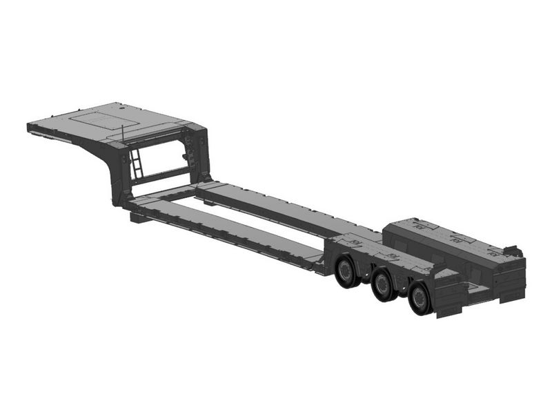 Technical side view rendering of a black extendable low-bed trailer with three rear axles for heavy transport.