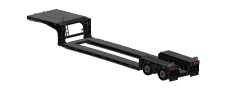 Digital rendering of a black low-bed trailer with twin axles, ideal for transporting large industrial equipment.